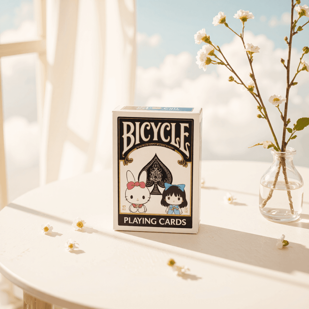 product photography of a box of Bicycle playing cards featuring My Melody and Kuromi