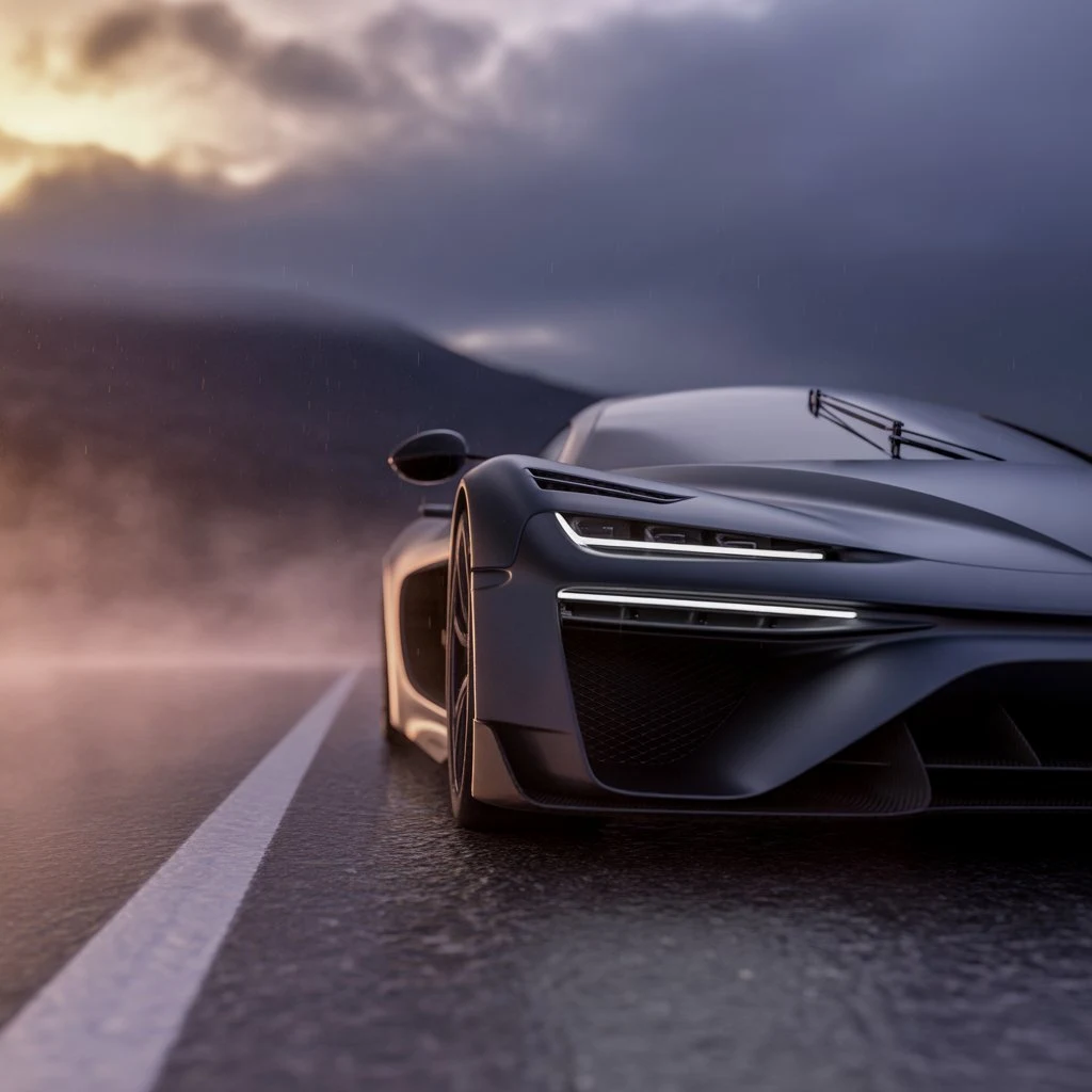 Schwarzer Hypercar in dramatischer Low-Angle-Aufnahme auf regennasser Bergstraße bei Dämmerung – Supersportwagen Versicherung Lions Group