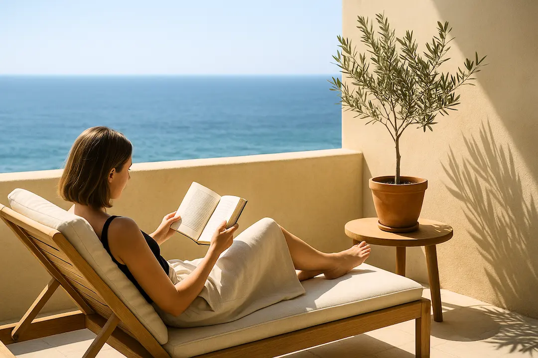 Frau liest Buch auf Balkon mit Meer im Hintergrund