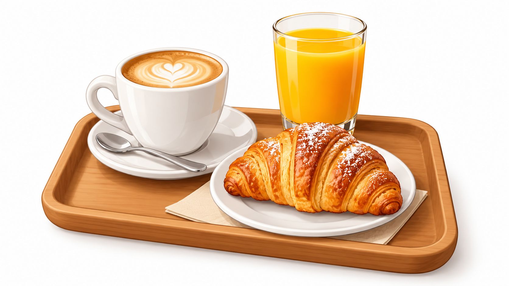 Desayuno continental con un croissant, una taza de café latte y un vaso de jugo de naranja.