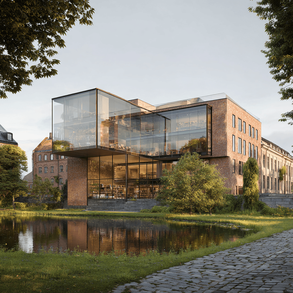 Modern multi-story building featuring a blend of red brick and rough stone masonry with expansive glass corner windows.