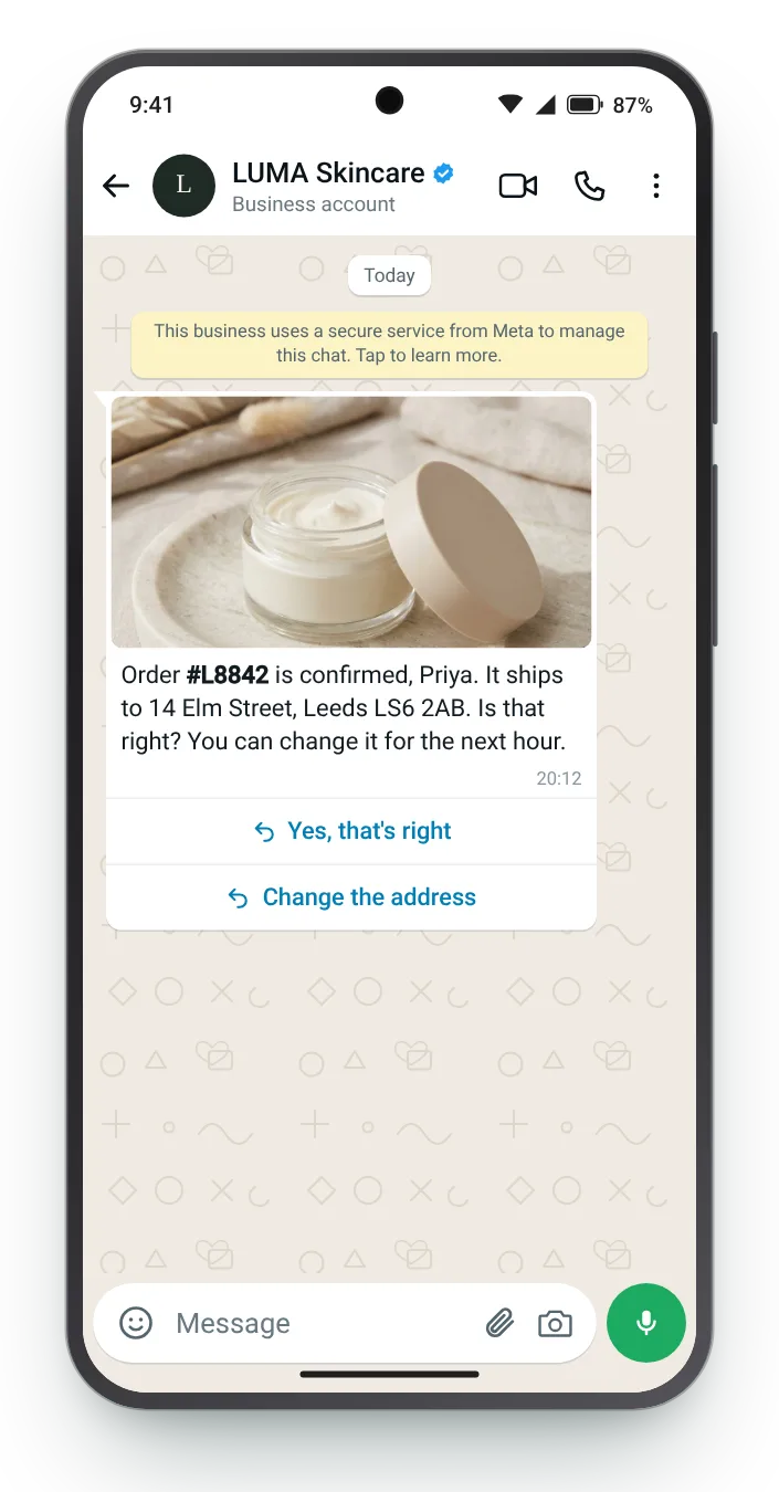 A short window to correct details: WhatsApp order confirmation on an Android phone