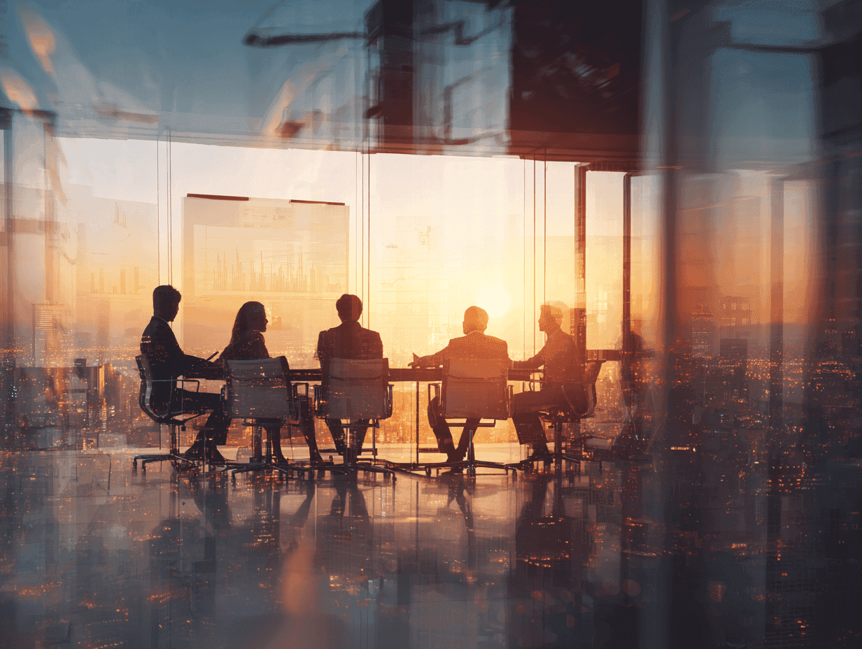 A cinematic wide-angle view of business leaders planning growth strategy with city skyline background