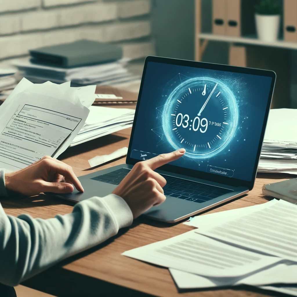 A focused individual reviewing and pointing at a visa application form with a countdown timer on the laptop screen, symbolizing the expedited USCIS Premium Processing service, in a bright and optimistic setting.