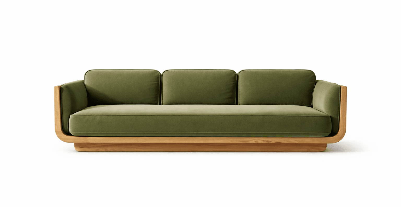 Contemporary cane sofa with olive green upholstery and solid wood frame for luxury living room