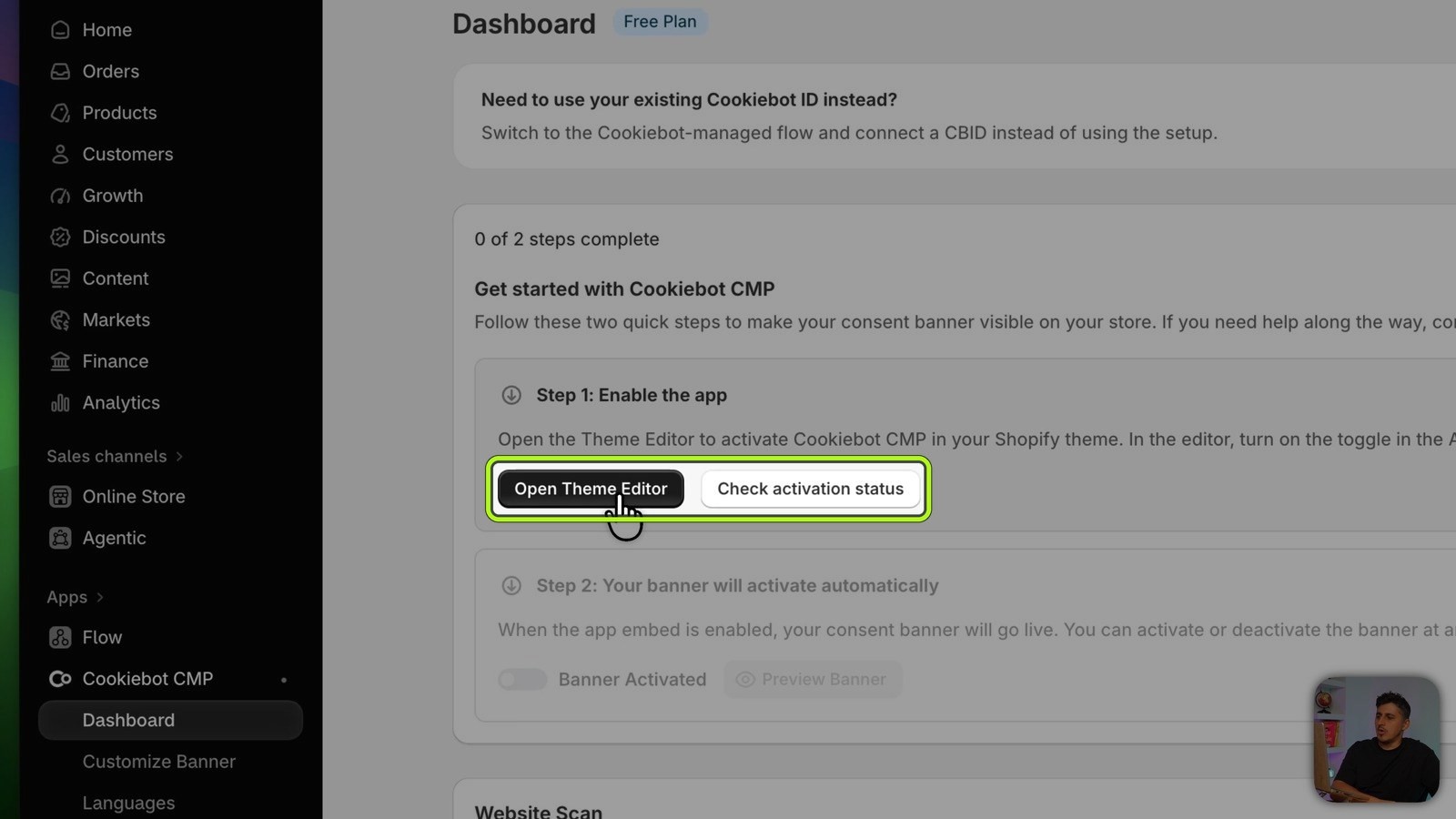 Cookiebot Shopify app dashboard with the enable-the-app and activation steps