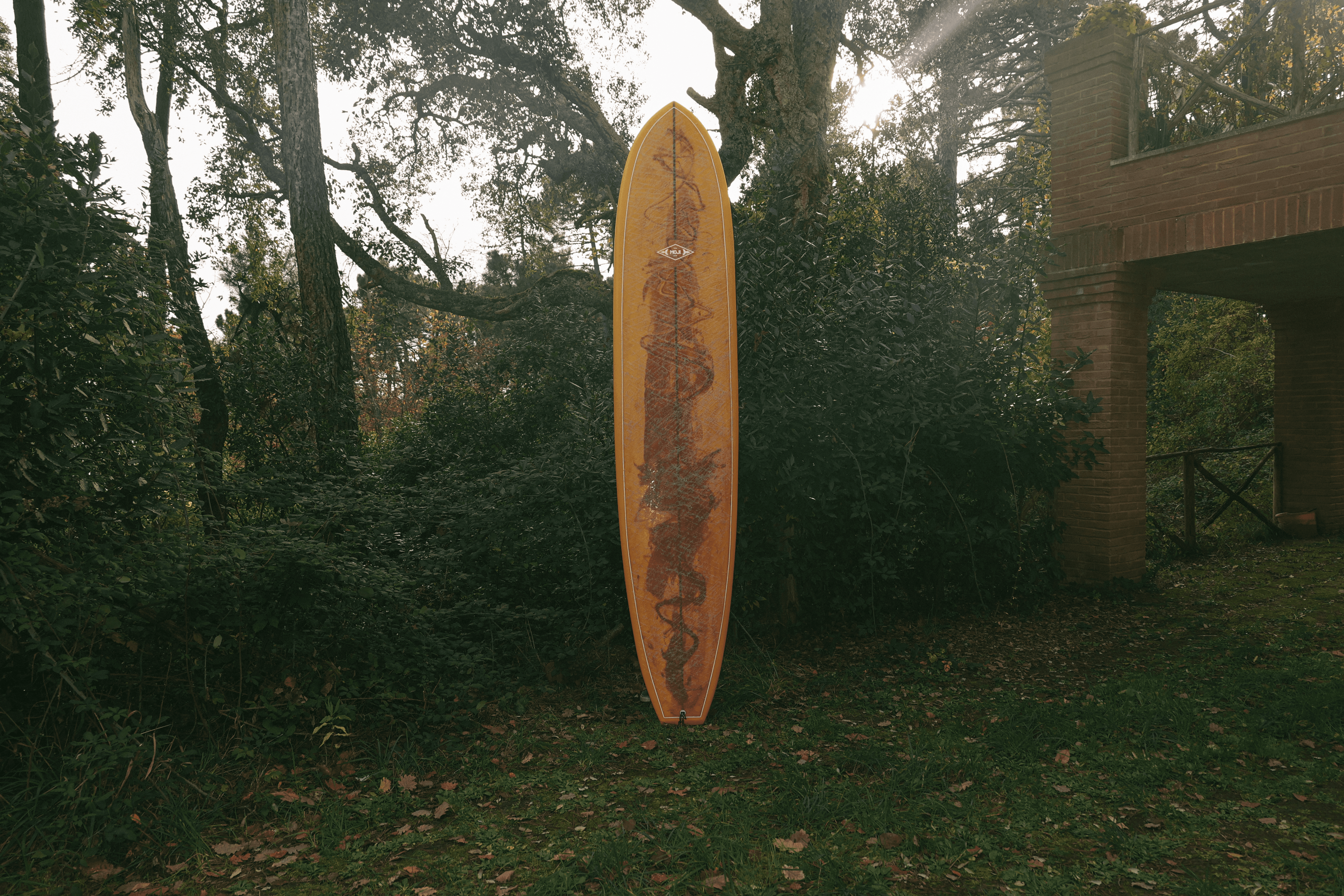 Tavola Cavendish, longboard giallo brillante con configurazione a tre pinne esposto verticalmente in un giardino boschivo.