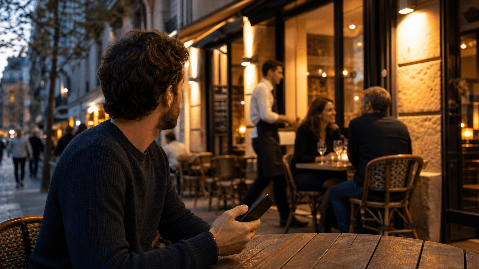 Un client regarde un restaurant avec son smartphone, soulignant l’enjeu du site mobile.