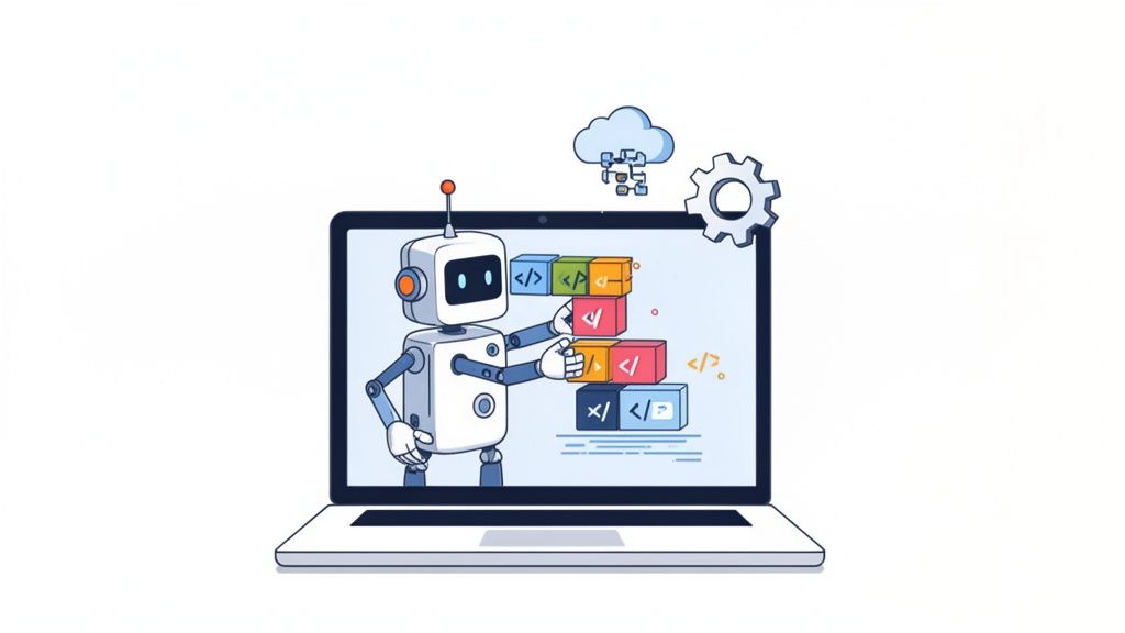 An AI robot on a laptop screen building a stack of colorful code blocks for app development.