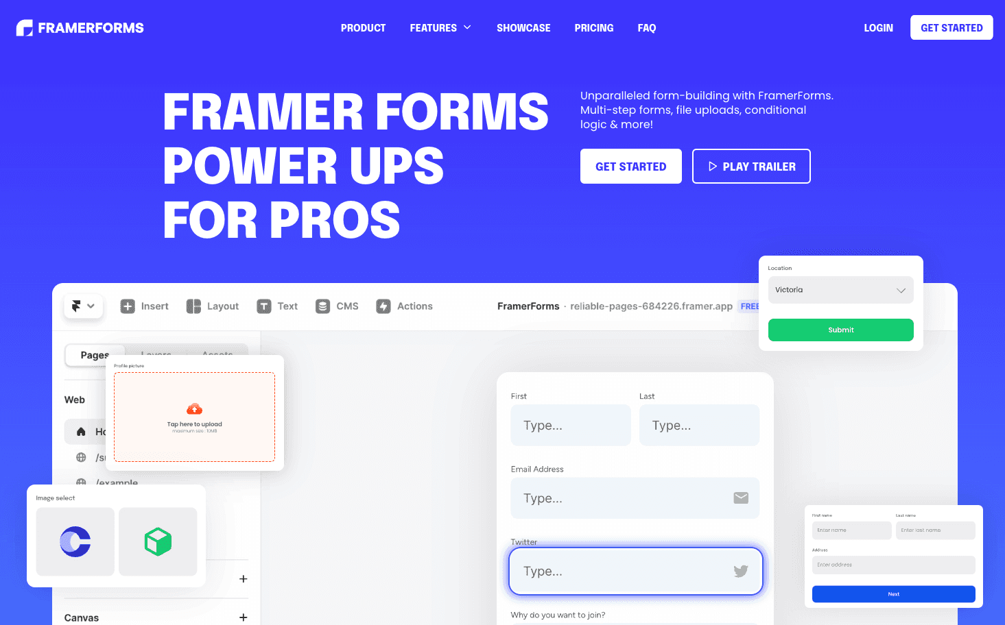 FramerForms UI showcasing form-building tools on a blue-themed webpage.