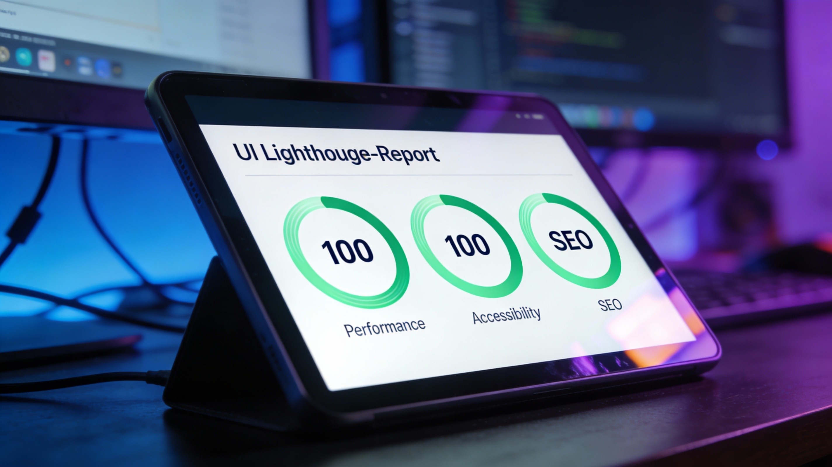 Close-up of a tablet screen displaying a perfect Google Lighthouse report with 100% scores for Performance, Accessibility, and SEO, set in a modern high-tech workspace.