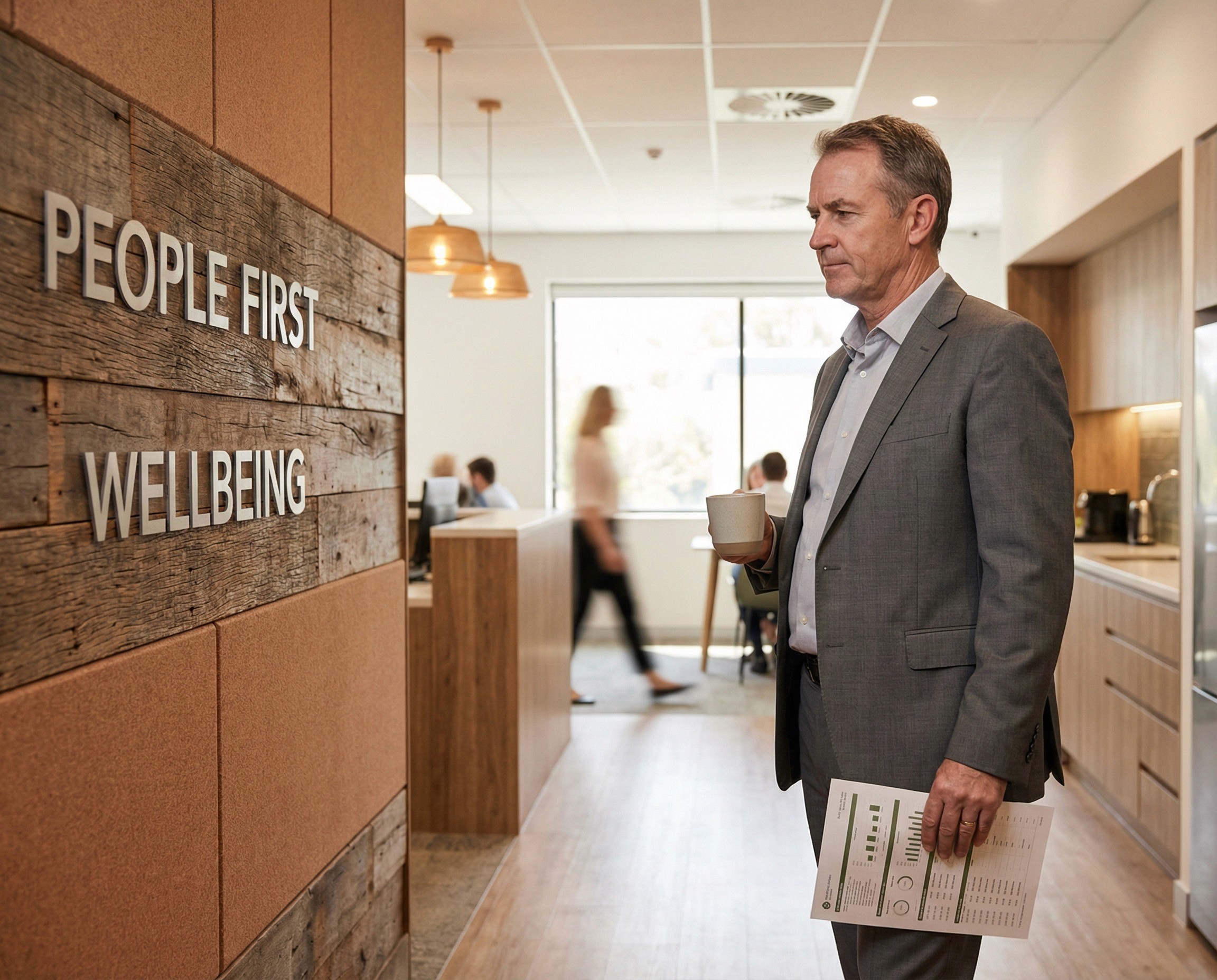 A wide, quiet shot of the main internal wall of a professional services firm's office — a feature wall near the reception or kitchen area where the firm's values are displayed. The values are printed in the firm's brand typeface on the wall — words like "People First" or "Wellbeing" or "Our People" visible in large type, the way every professional services firm displays them. In front of the wall, slightly to one side, a partner in his late 50s is paused mid-walk, coffee in hand, looking at the wall with a reflective, slightly self-examining expression