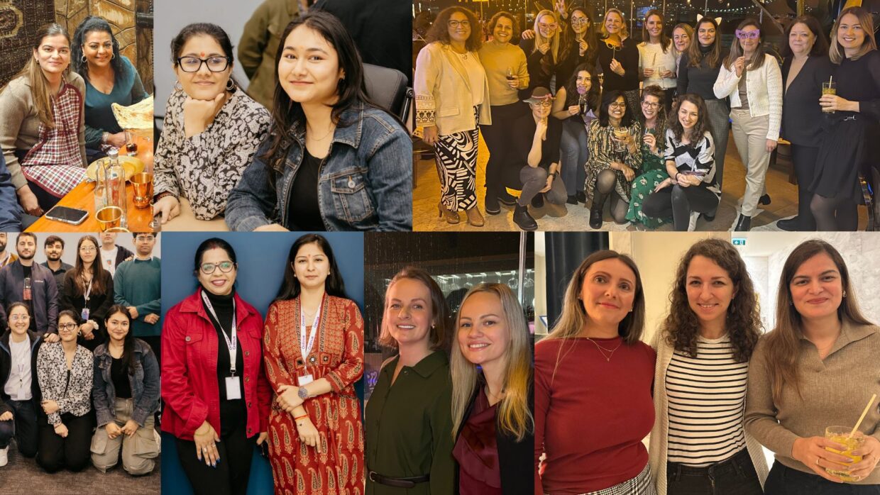 Eine Collage mit verschiedenen Gruppen von Frauen, die an verschiedenen gesellschaftlichen und beruflichen Veranstaltungen teilnehmen und das Engagement von Frauen im Bereich der Cybersicherheit hervorheben. Die Szenen zeigen Kameradschaft, Networking und Engagement in einem modernen Umfeld.