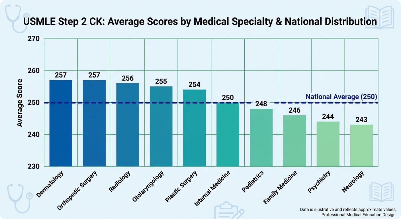 Step 2 CK score distribution graph showing average scores by specialty