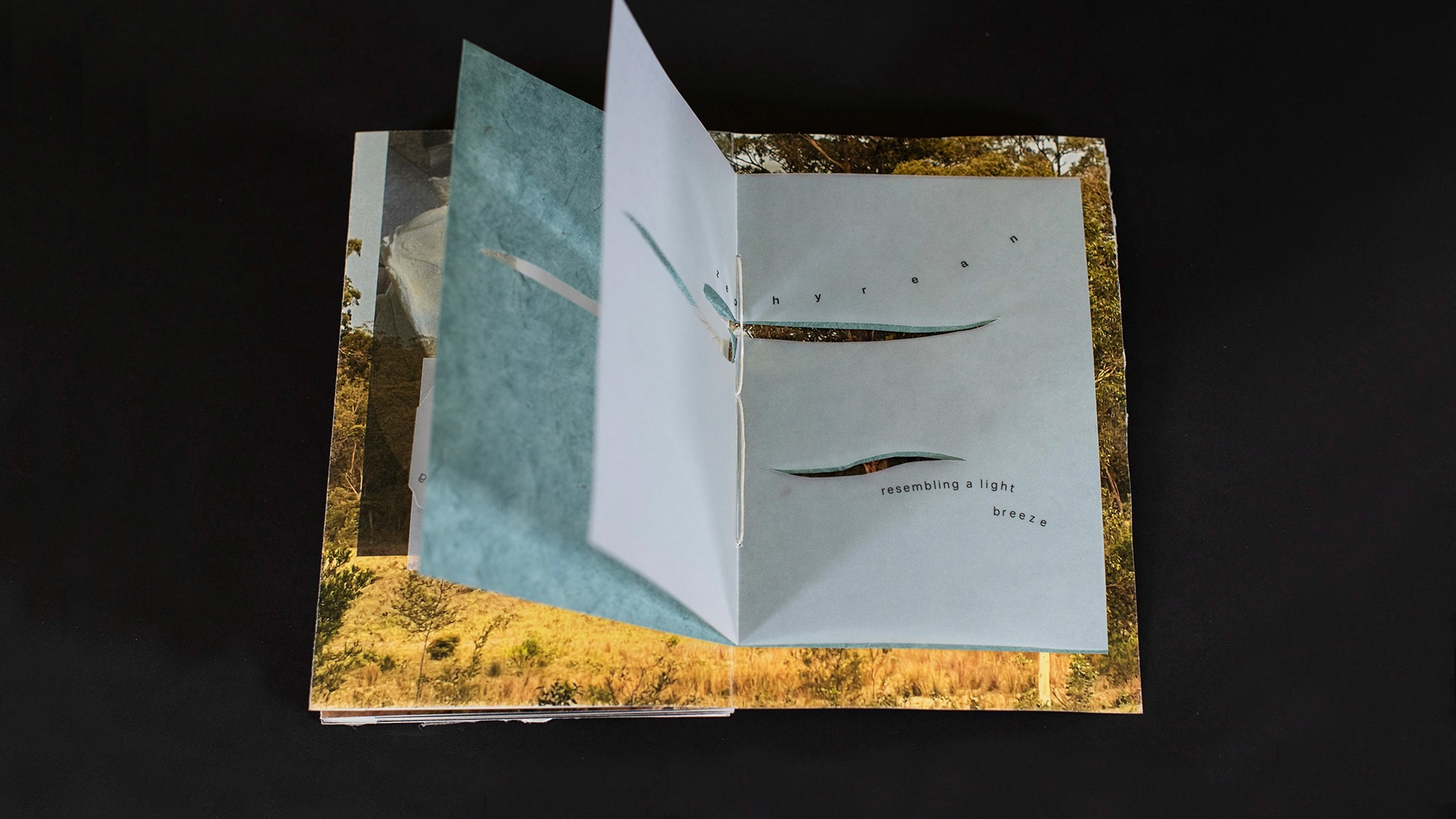 book open to page with illustration, black background