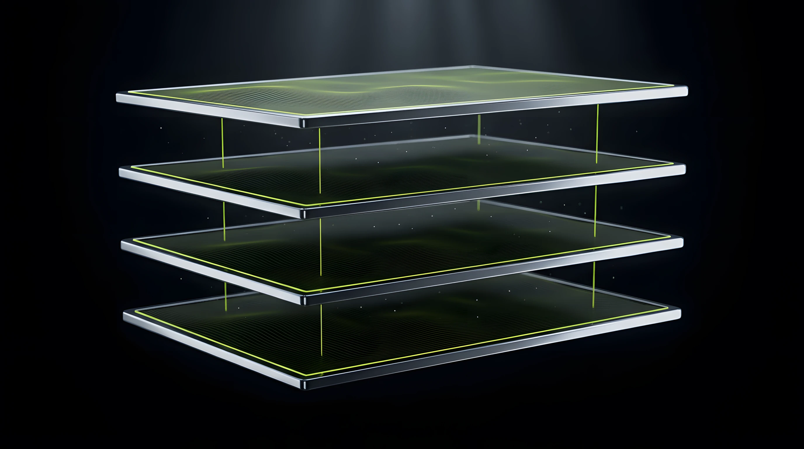 Four stacked audio layer cards floating in dark space (sound logo, motif, texture, brand kit), connected by glowing lime threads