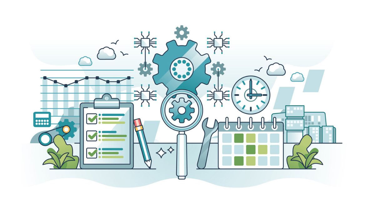 Illustration of gears, checklists, tools, and a magnifying glass surrounding a central process icon, representing layered process audits and systematic quality checks.