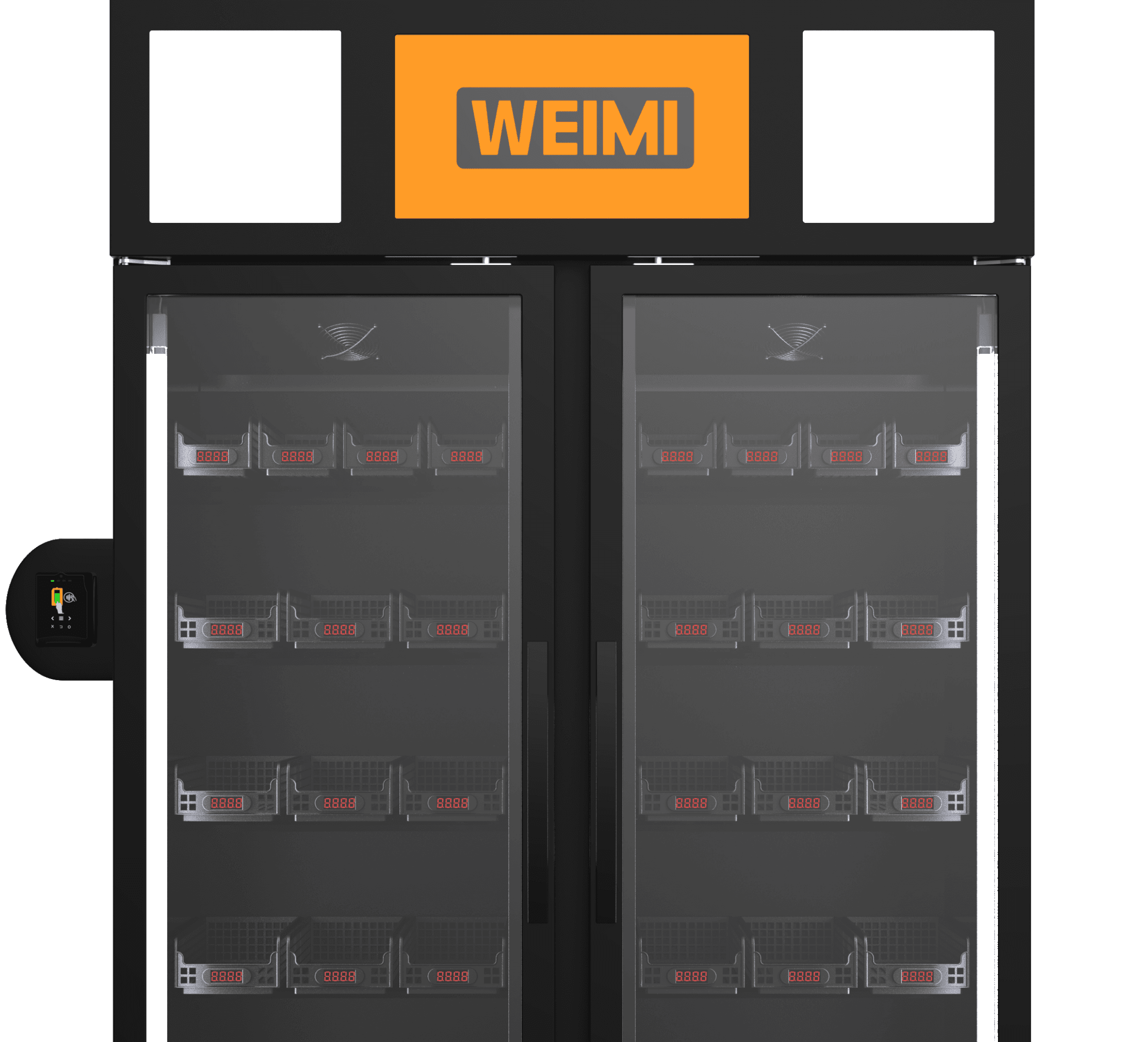 WEIMI divdurvju viedais ledusskapis blakus cenas pieprasījuma formai uz tumša fona