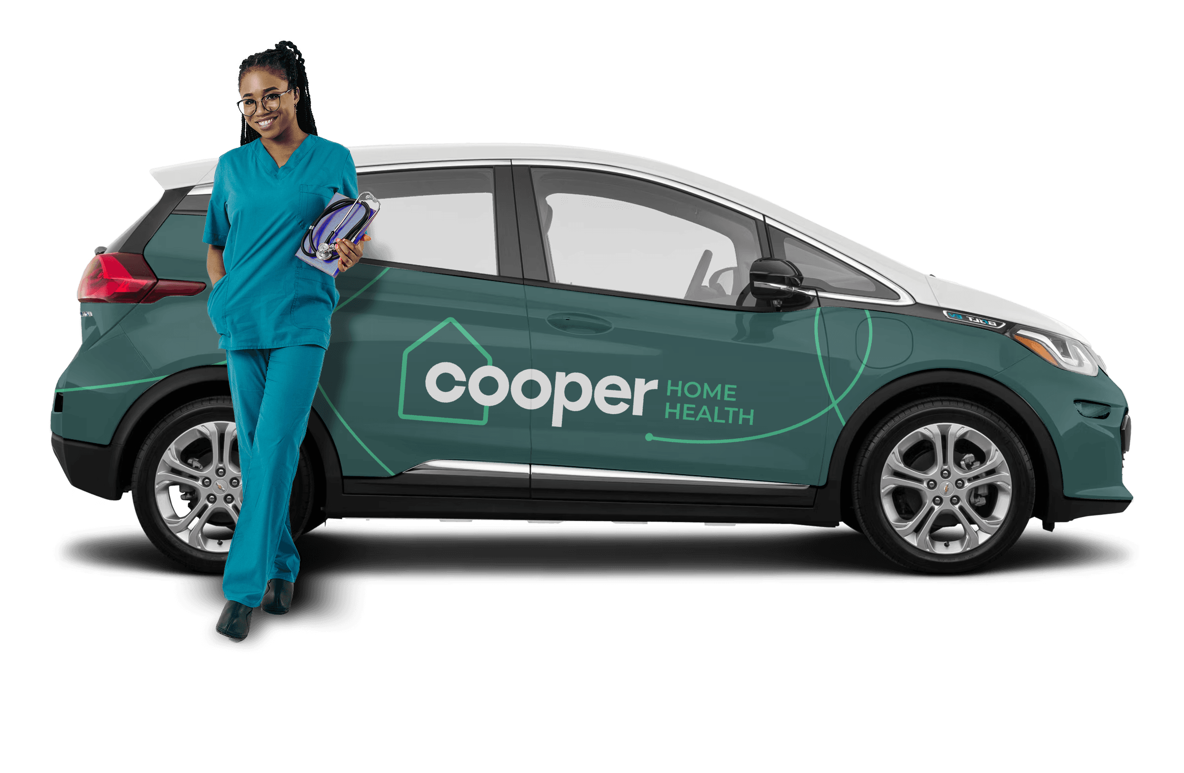 Woman smiling and standing next to a car with Cooper Home Health branding.