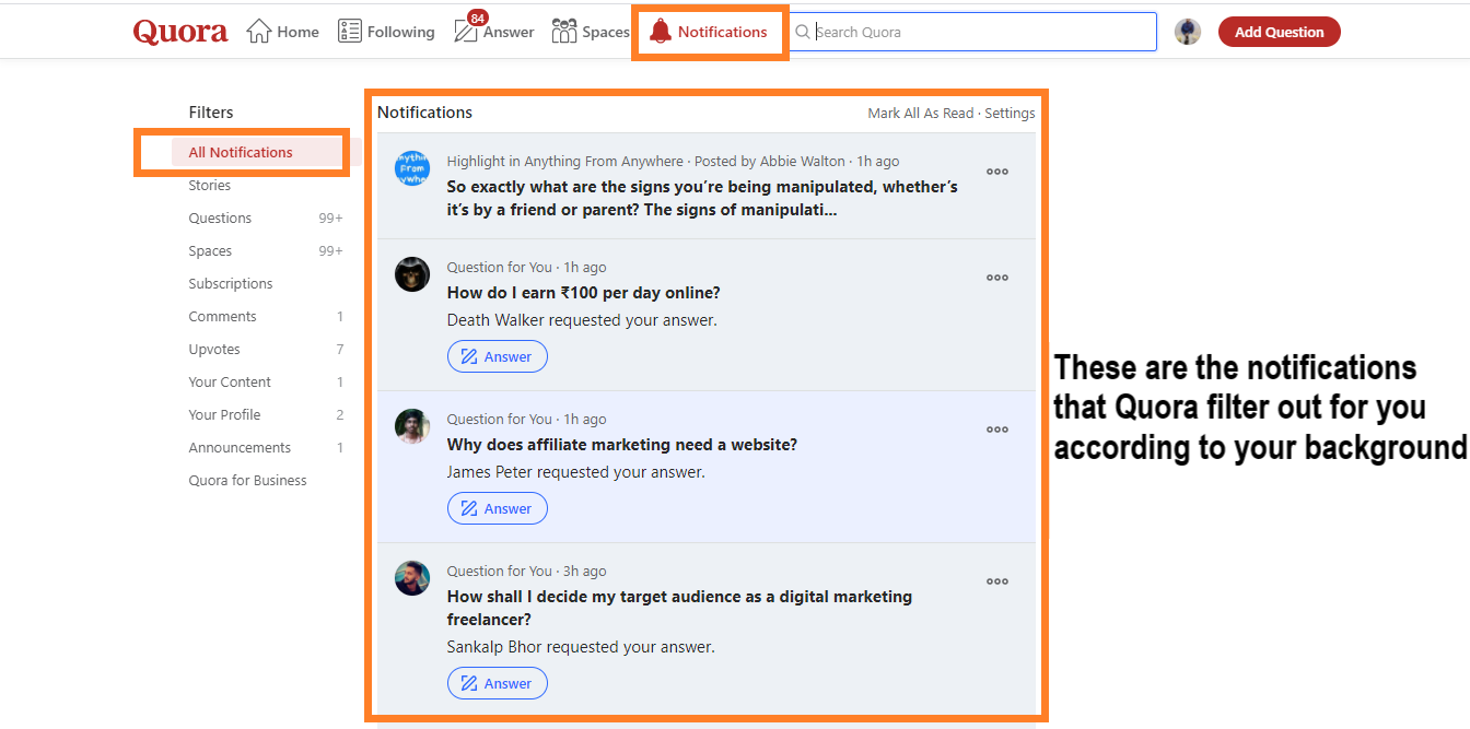 Notification tab in Quora.com