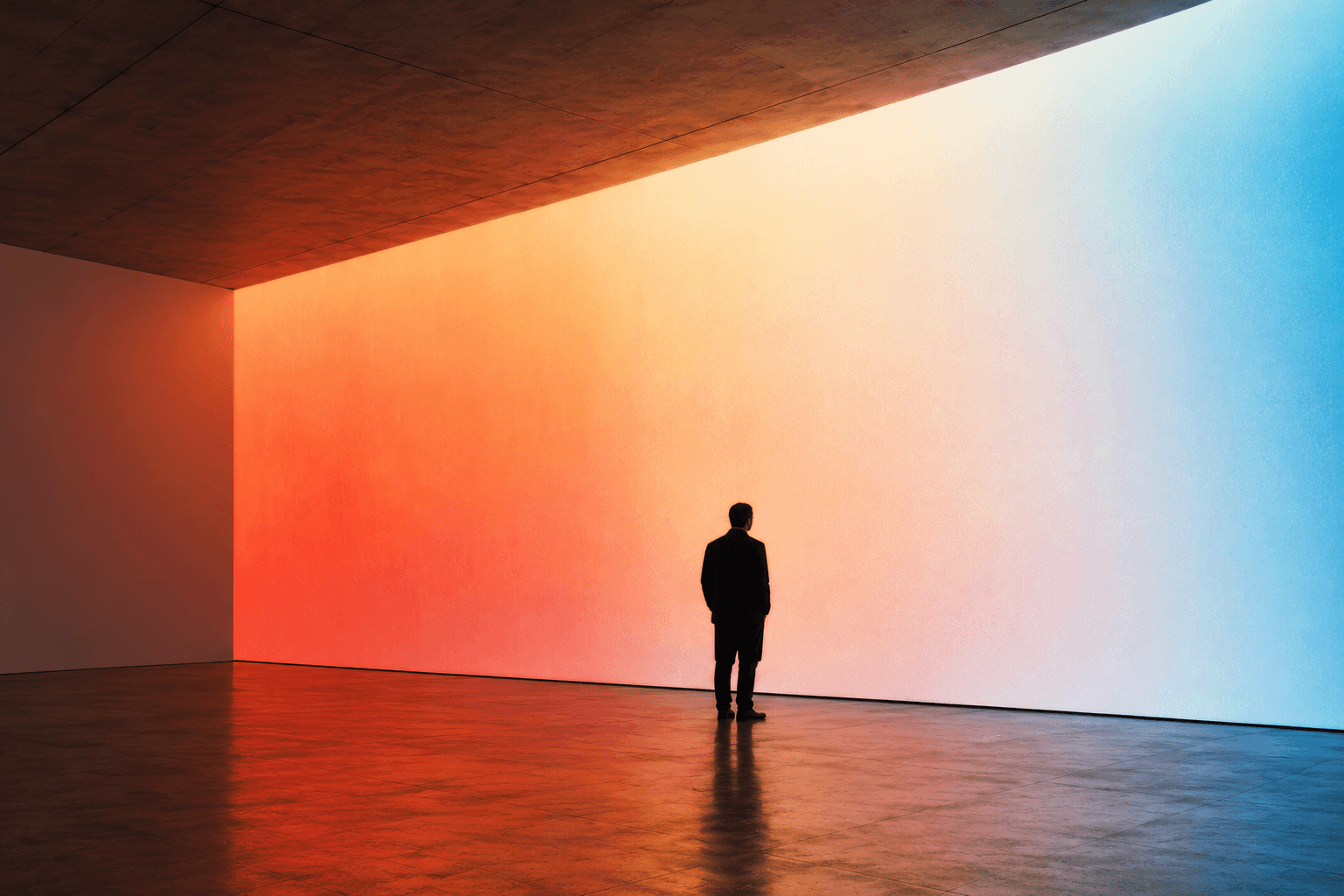 A lone figure stands before a wall of red-to-blue gradient light