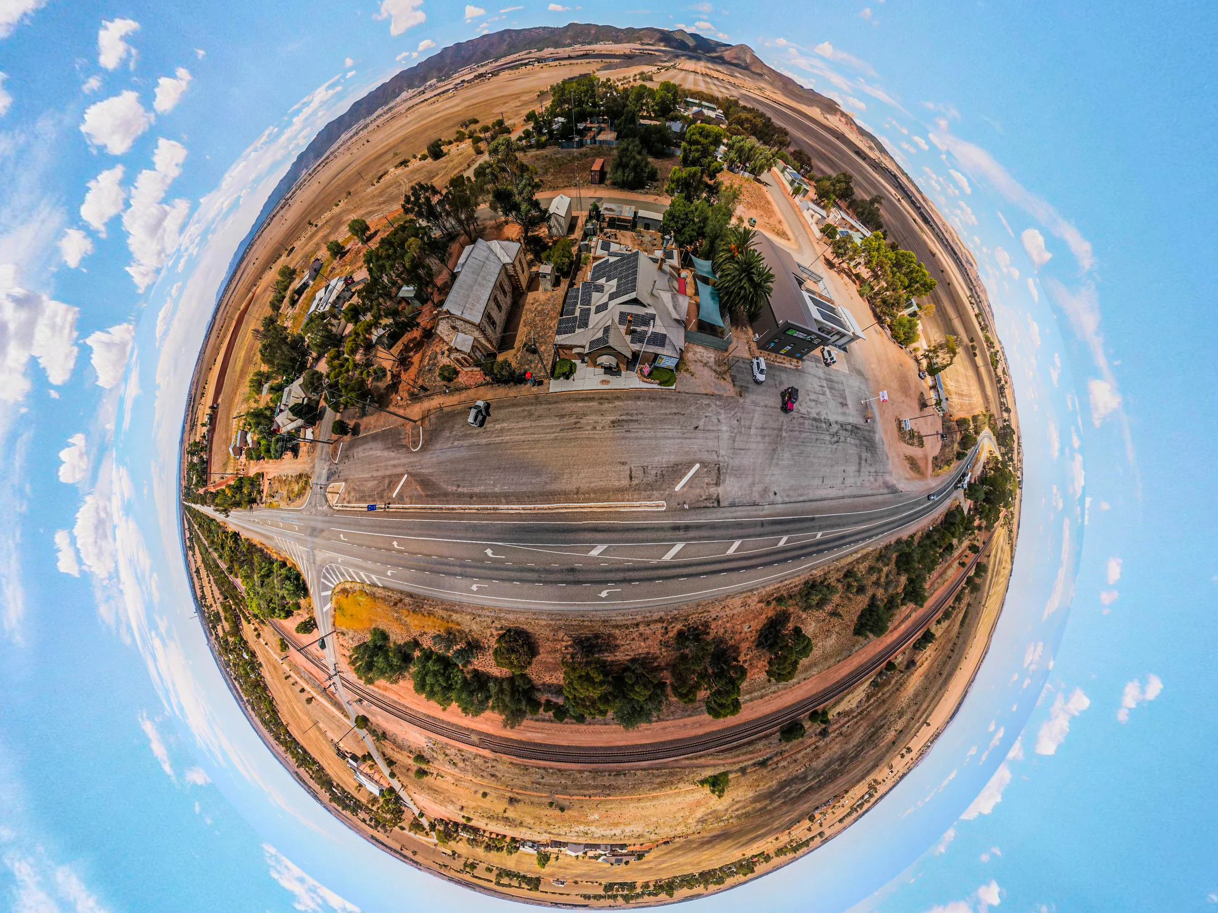 A 360 tiny-planet aerial capture of the Flinders Rest Hotel, Warnertown, South Australia, by ABM visual
