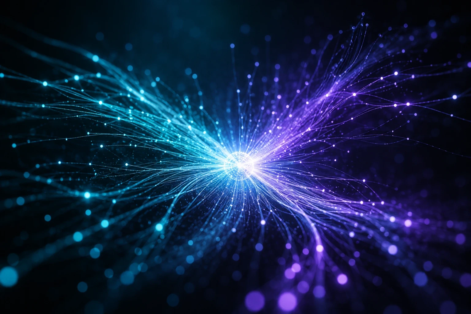 Visualização abstrata de fluxos de dados luminosos em tons de azul-turquesa e violeta convergindo para um núcleo central brilhante, representando o processo de cruzamento de fontes que as inteligências artificiais usam para escolher quais empresas mencionar em suas respostas.