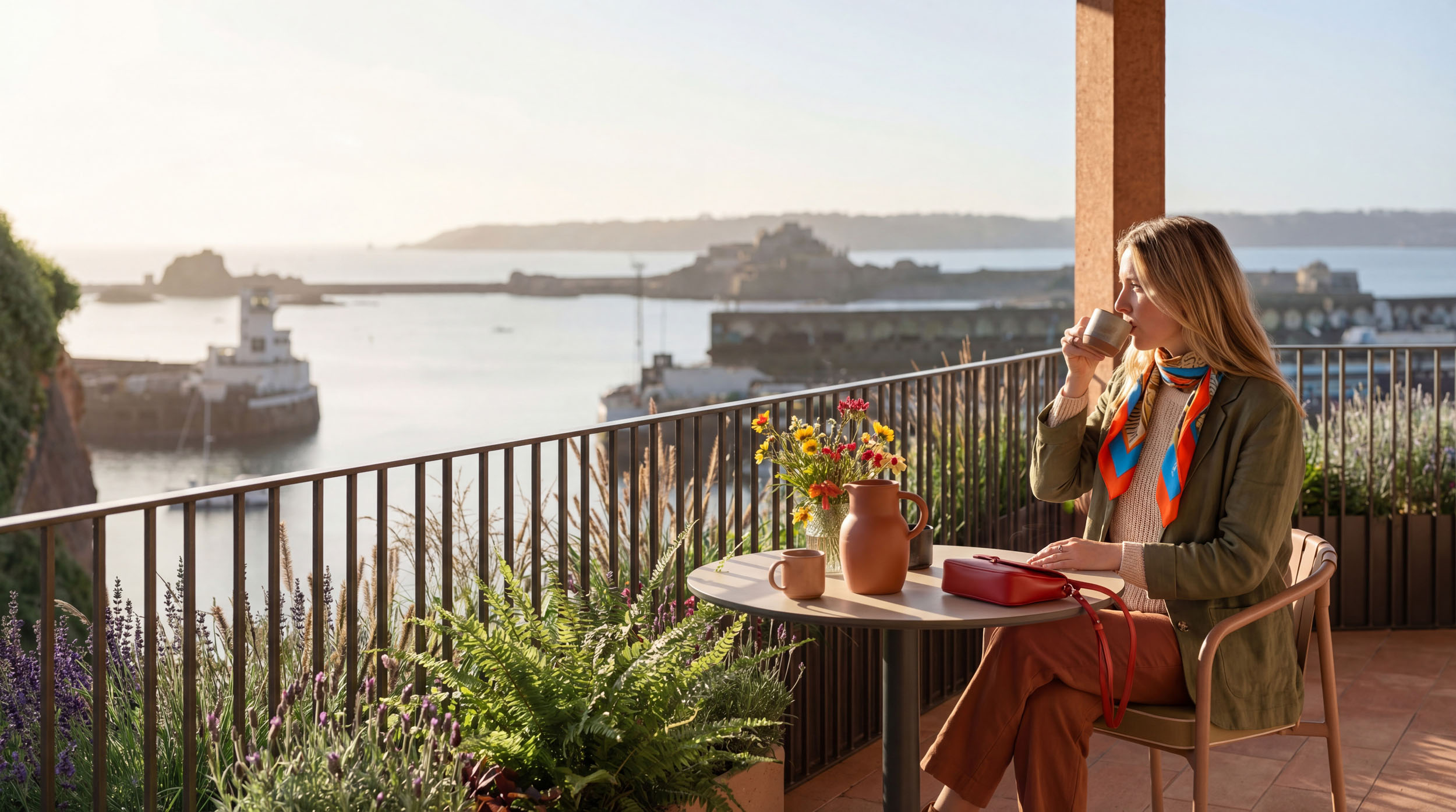 Architectural CGI render: woman on balcony, coastal view