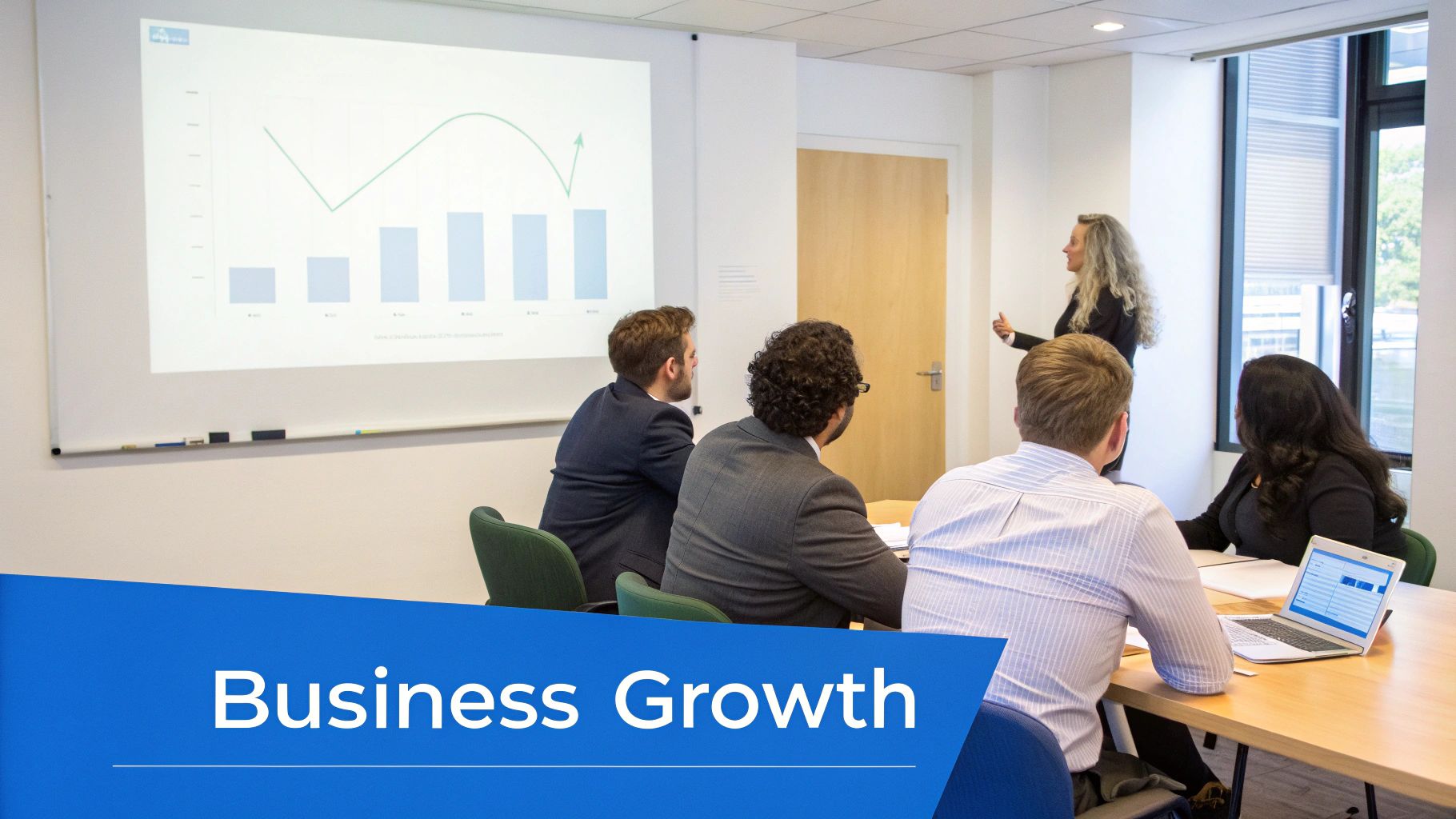 A businesswoman presents a bar and line graph on business growth to colleagues in a meeting.