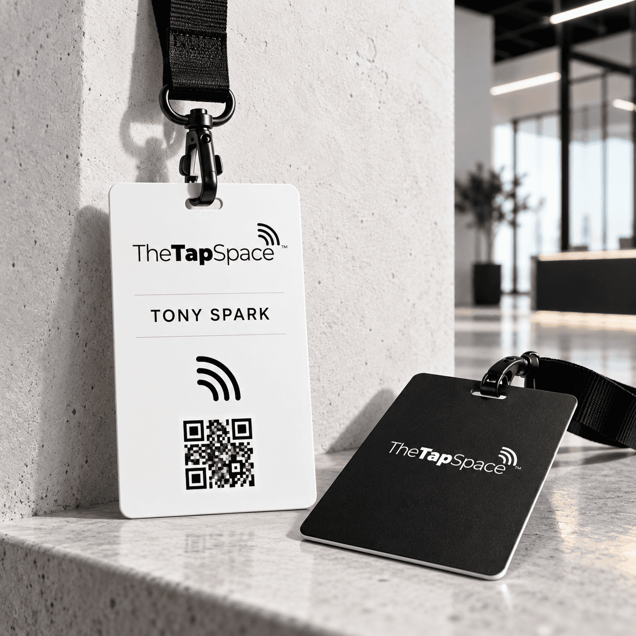 Personalized TapSpace NFC and QR staff badge with lanyard