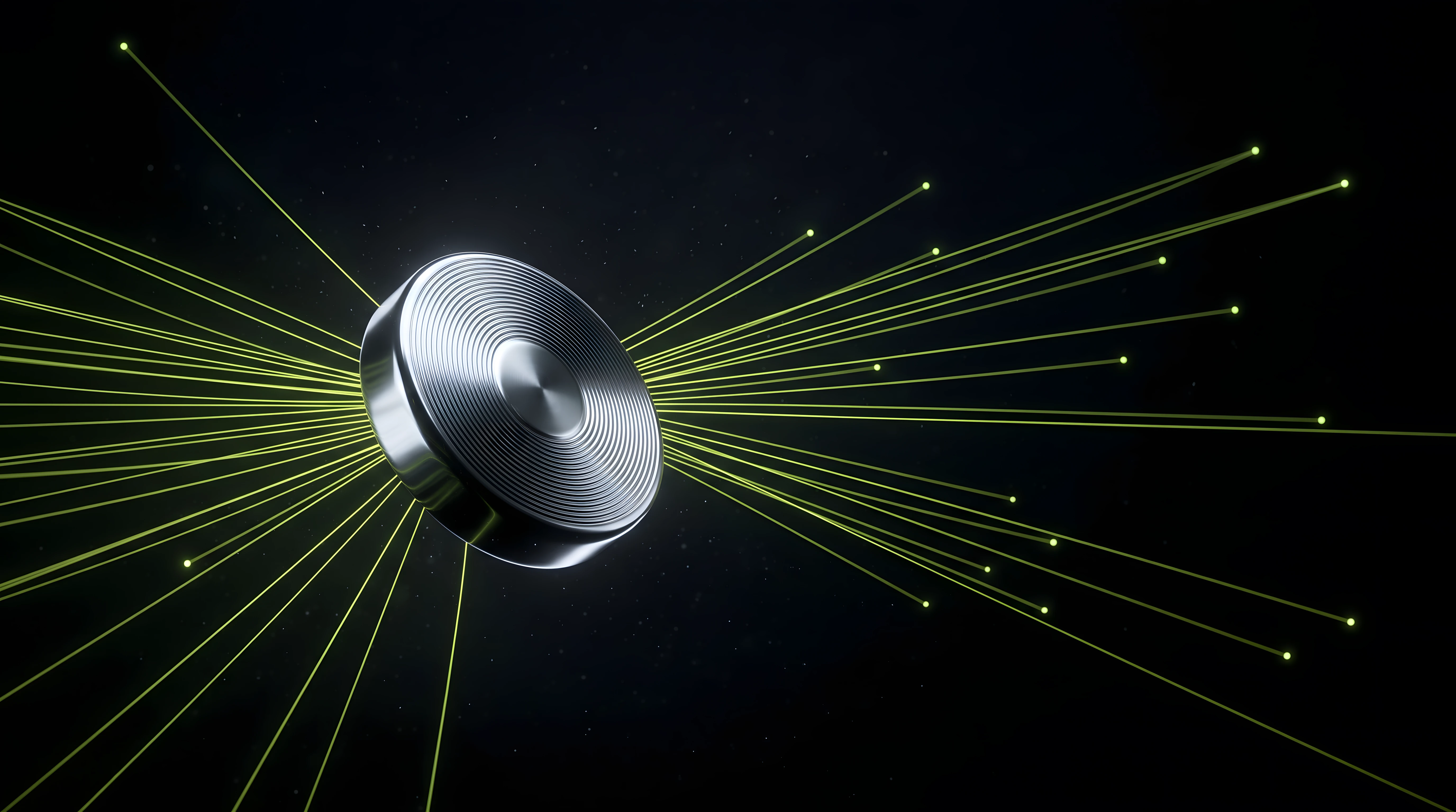 A single liquid chrome audio file suspended in deep void black, threads of Toxic Lime light streaming from it toward distant points, representing audio hosted once and delivered everywhere.
