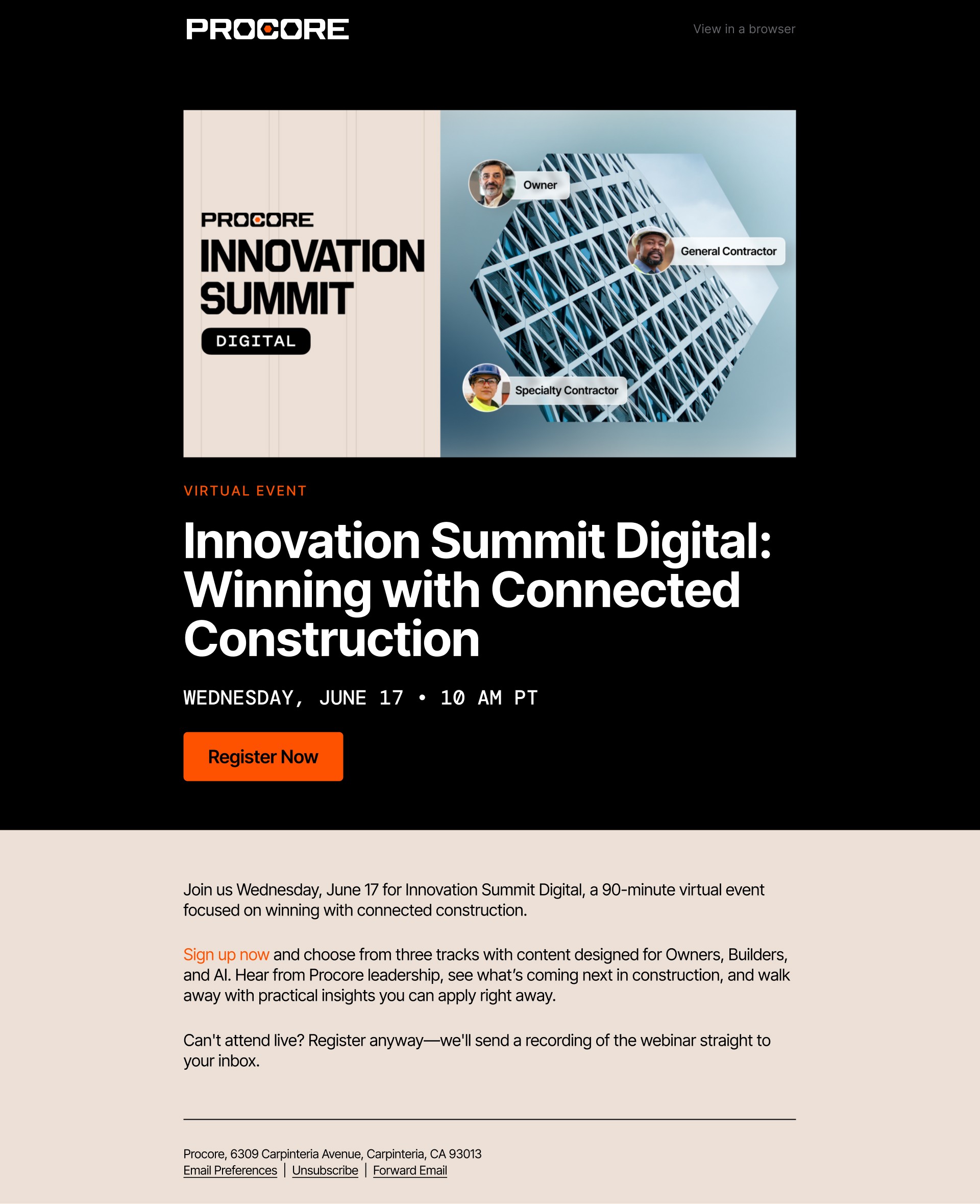 Procore Innovation Summit campaign email