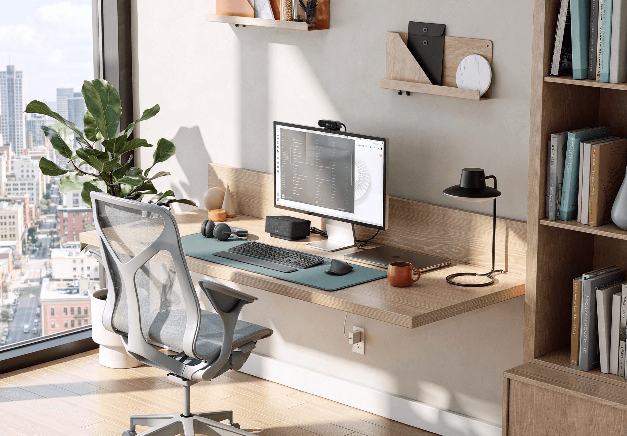 3D render of an IT manager’s office with focus on the storage cabinet behind the desk