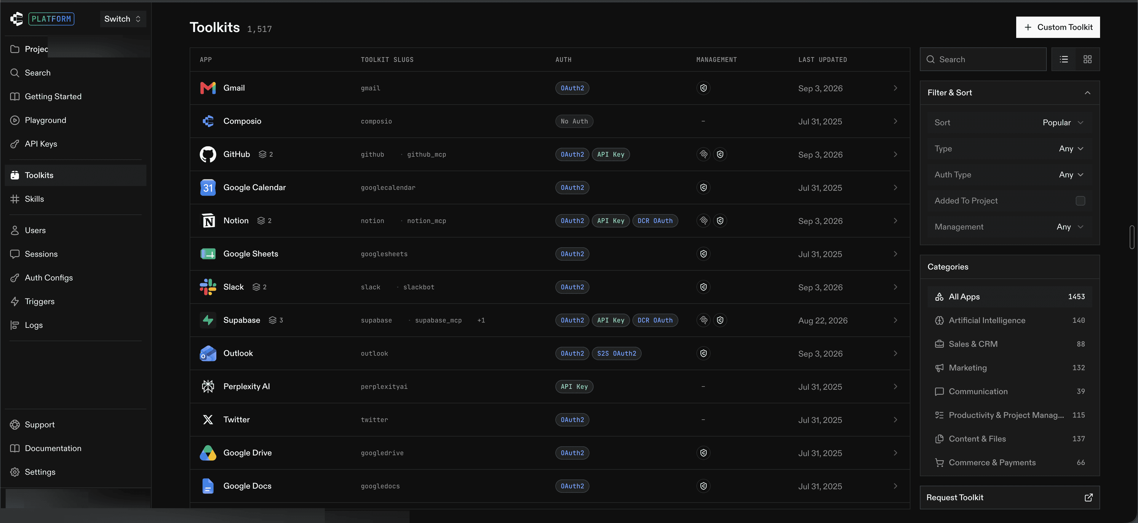 Composio Toolkits page