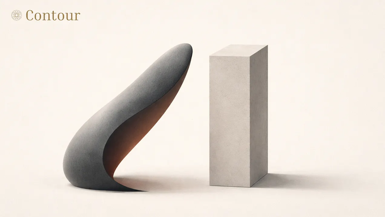 A curved dark sculpture leans beside a tall pale rectangular block on a cream background beneath the Contour wordmark.
