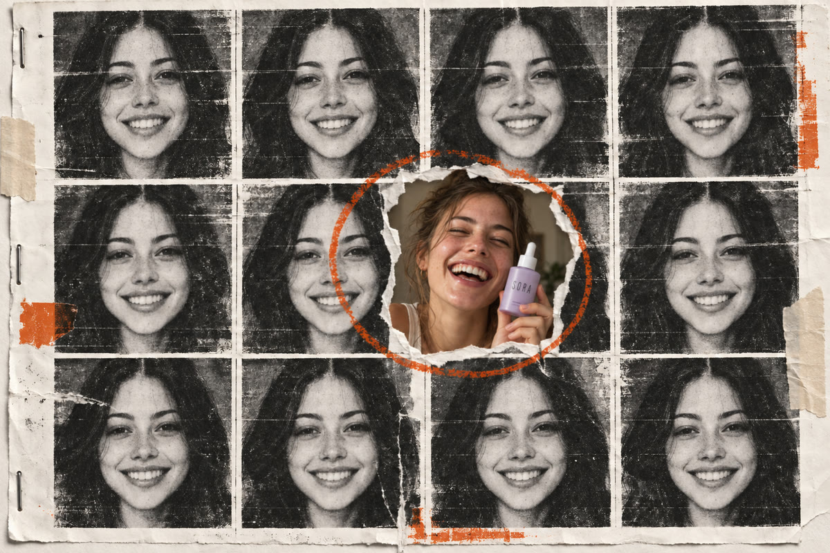 Paper-collage animation: a photocopied grid of the same AI-looking face, with one tile torn out to reveal a real creator laughing