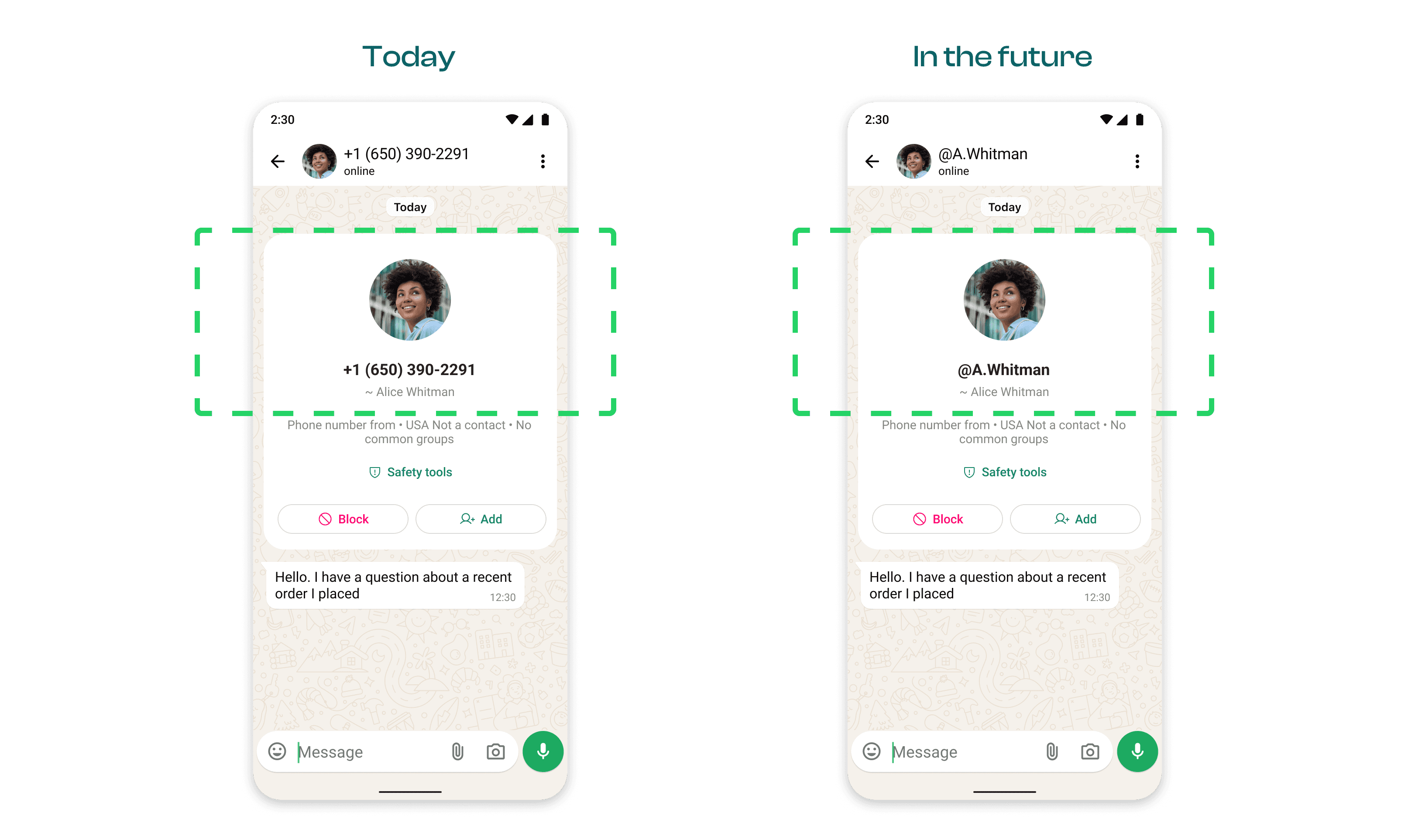 WhatsApp chat header showing phone number today versus username handle in 2026 after WhatsApp username rollout