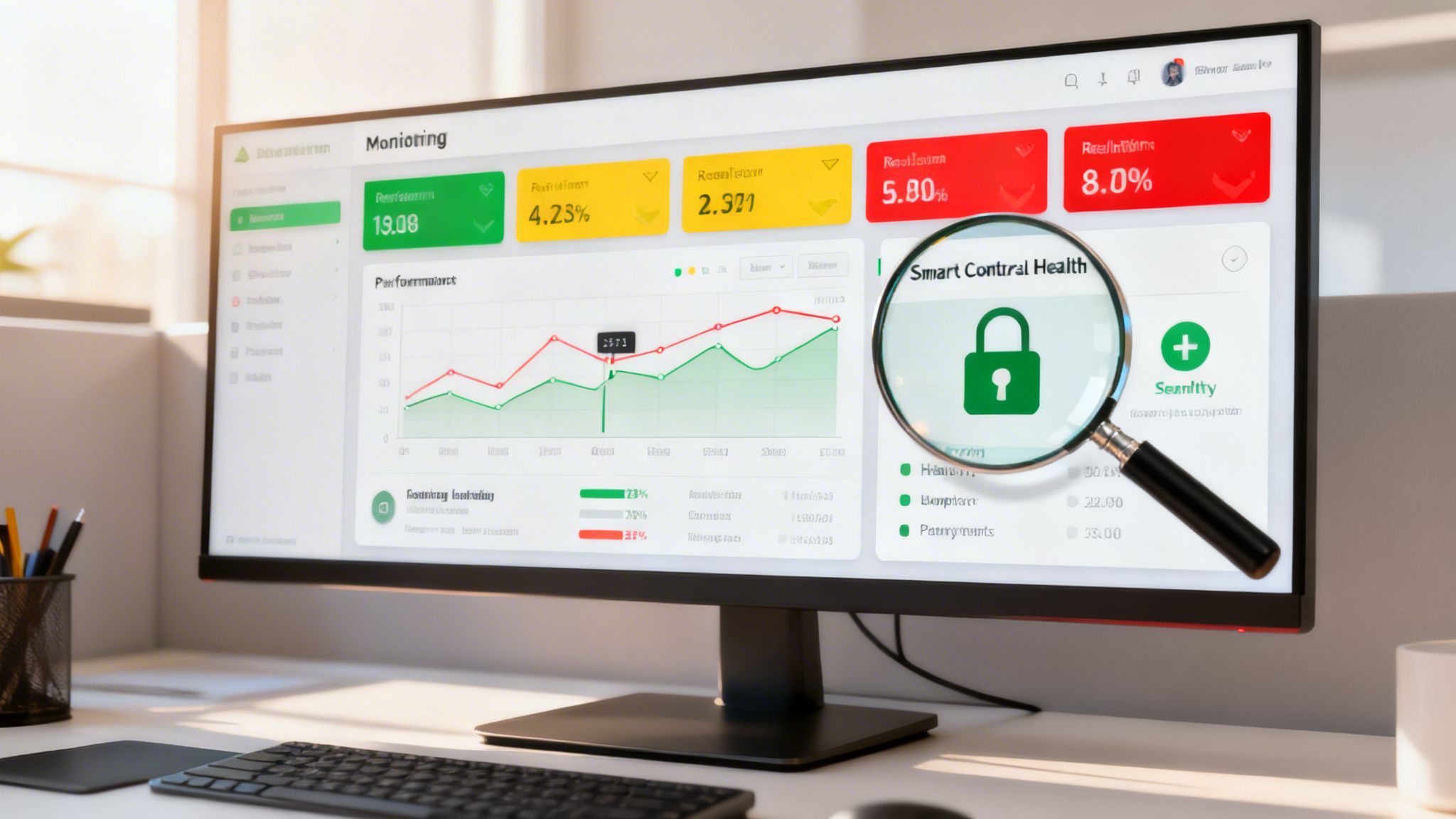 A computer monitor displays a dashboard with financial and health monitoring data, a magnifying glass highlights security.