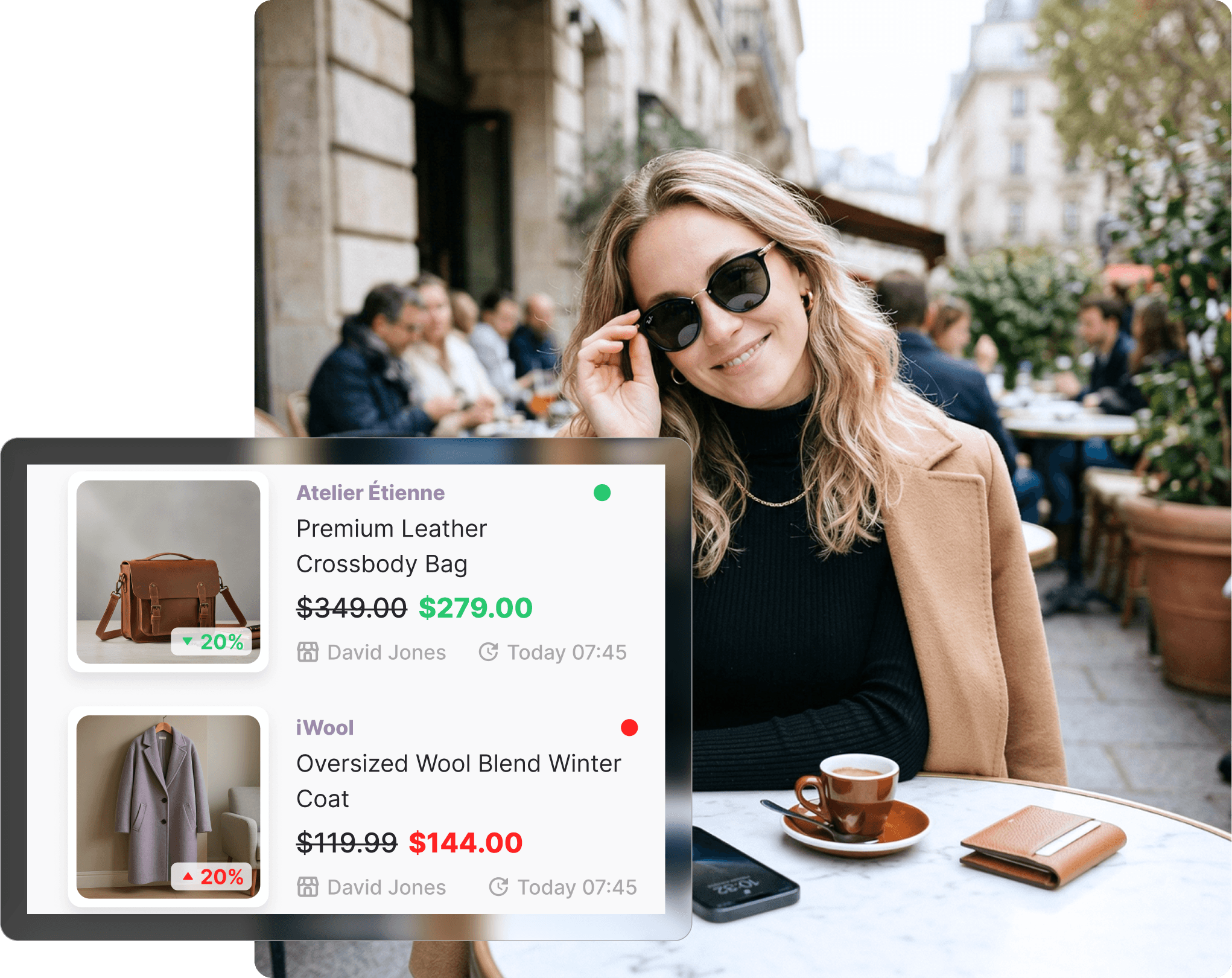 Stylish woman in sunglasses sitting at an outdoor café table, with a Whisprice watchlist showing two David Jones products, a leather crossbody bag down 20% and a wool coat up 20%, overlaid in the foreground.