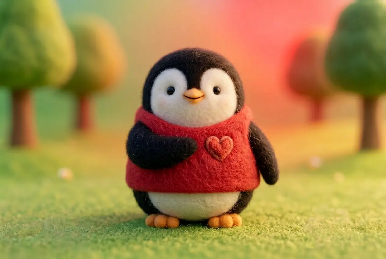 A wool felt penguin in a red vest with a flipper on its chest feeling its heartbeat, with a gradient background representing heart rate zones