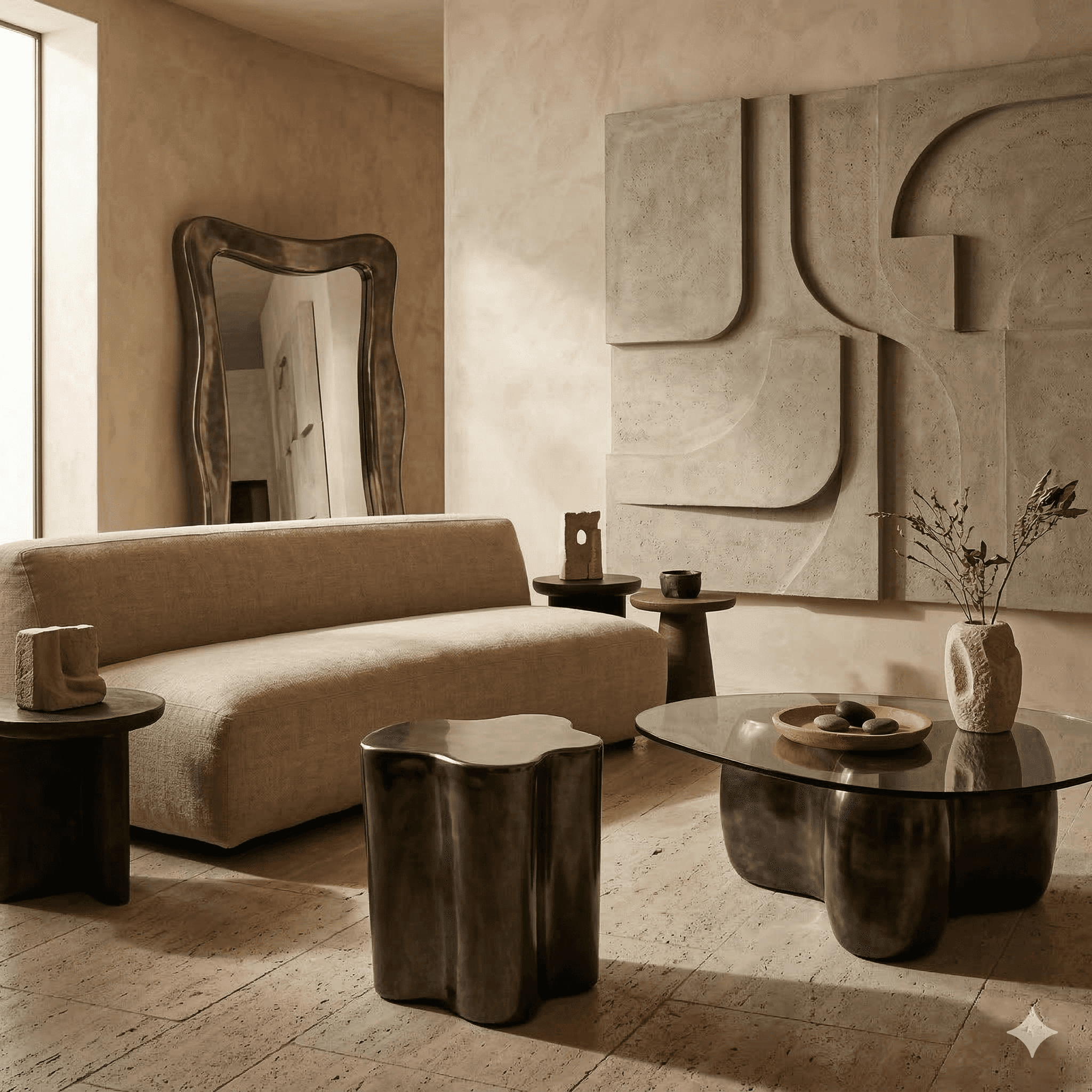 Dark brown wooden façade with detailed grain texture and layered vertical geometry.