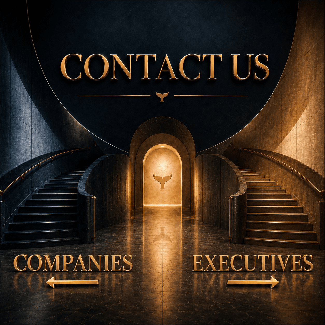 Contact Us stairway with Companies and Executives directional arrows.