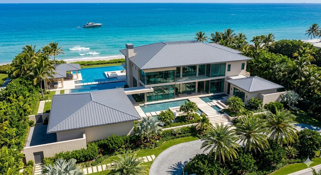 Roofing contractor Golden Beach FL — premium coastal roof replacement on ultra-luxury oceanfront estate by Roofing Network licensed contractor