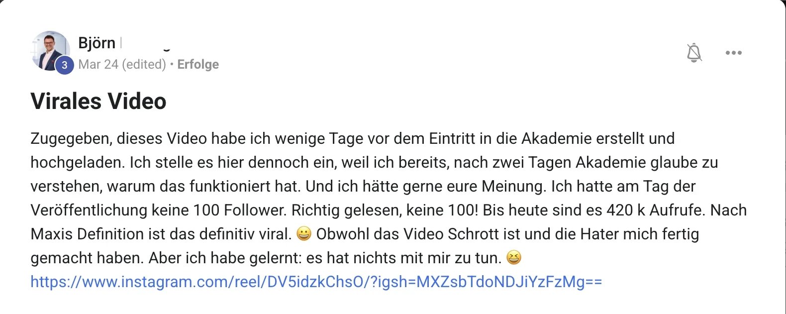 Kundenstimme KI Creator Akademie: Björns Video erreicht 420.000 Aufrufe mit unter 100 Followern
