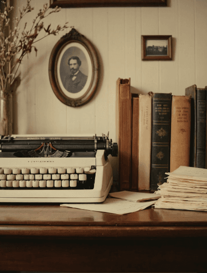 Vintage desk scene with a typewriter, stacked papers, and old books against a wooden wall. Framed black-and-white portrait adds nostalgic charm.