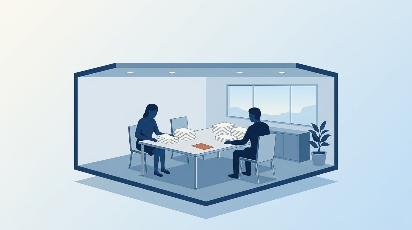 Isometrische Illustration eines Prüfgesprächs: zwei Silhouetten am Tisch, ein kupferfarbenes Dokument liegt abseits – BaFin-Aufsicht über KI im Finanzsektor