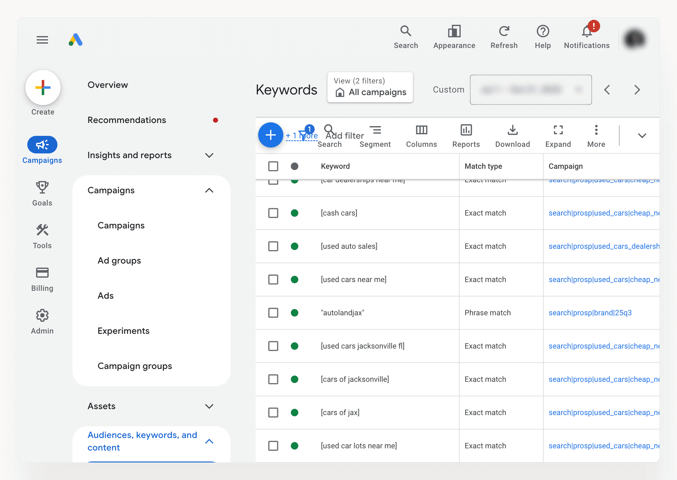 Screenshot of the Google Ads interface on the Keywords tab, which displays keywords, match types, and related campaigns.