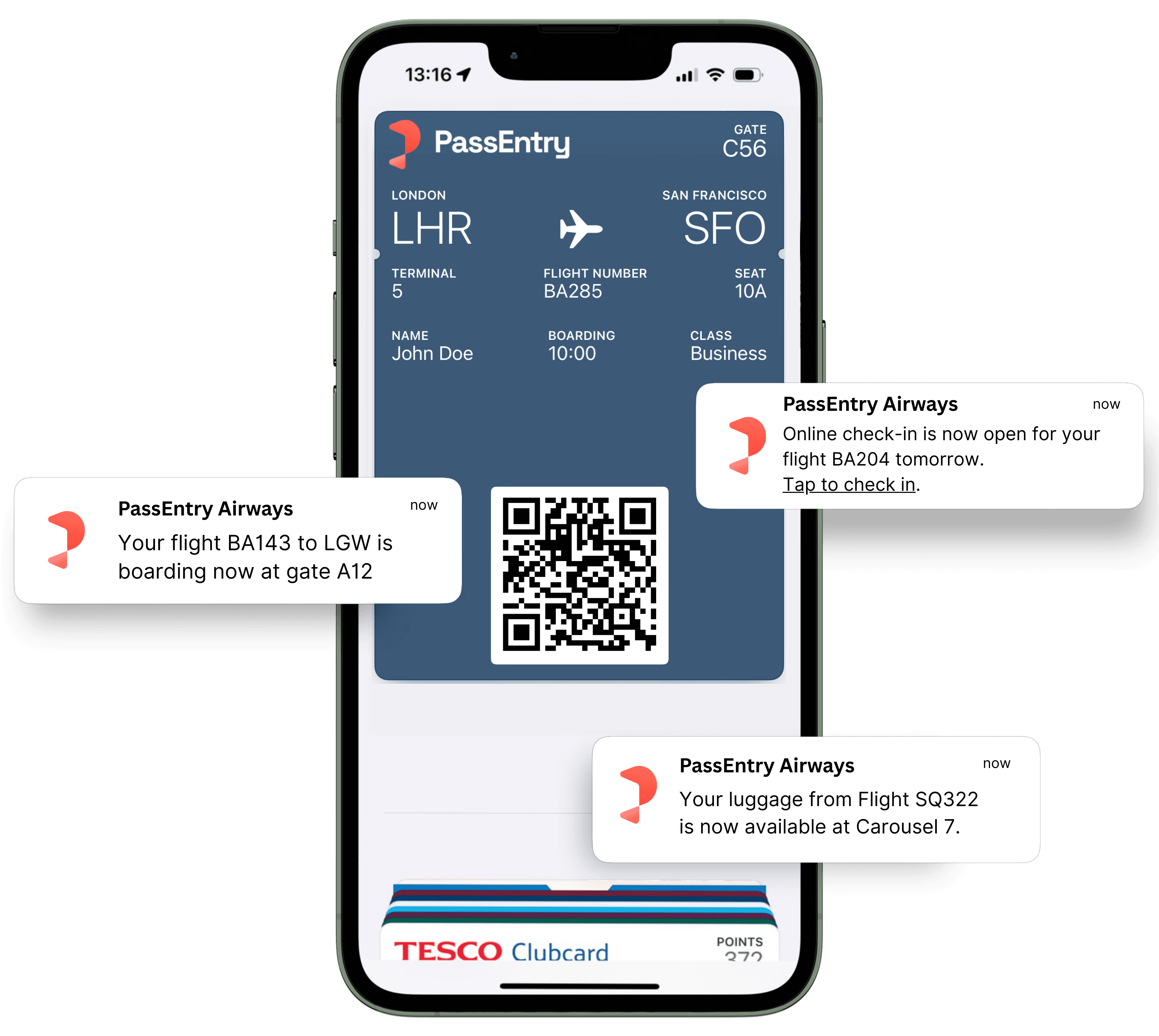 The image displays a smartphone screen showing a boarding pass for a flight from London Heathrow to San Francisco, featuring a QR code and flight information, accompanied by notification alerts about boarding and luggage updates.