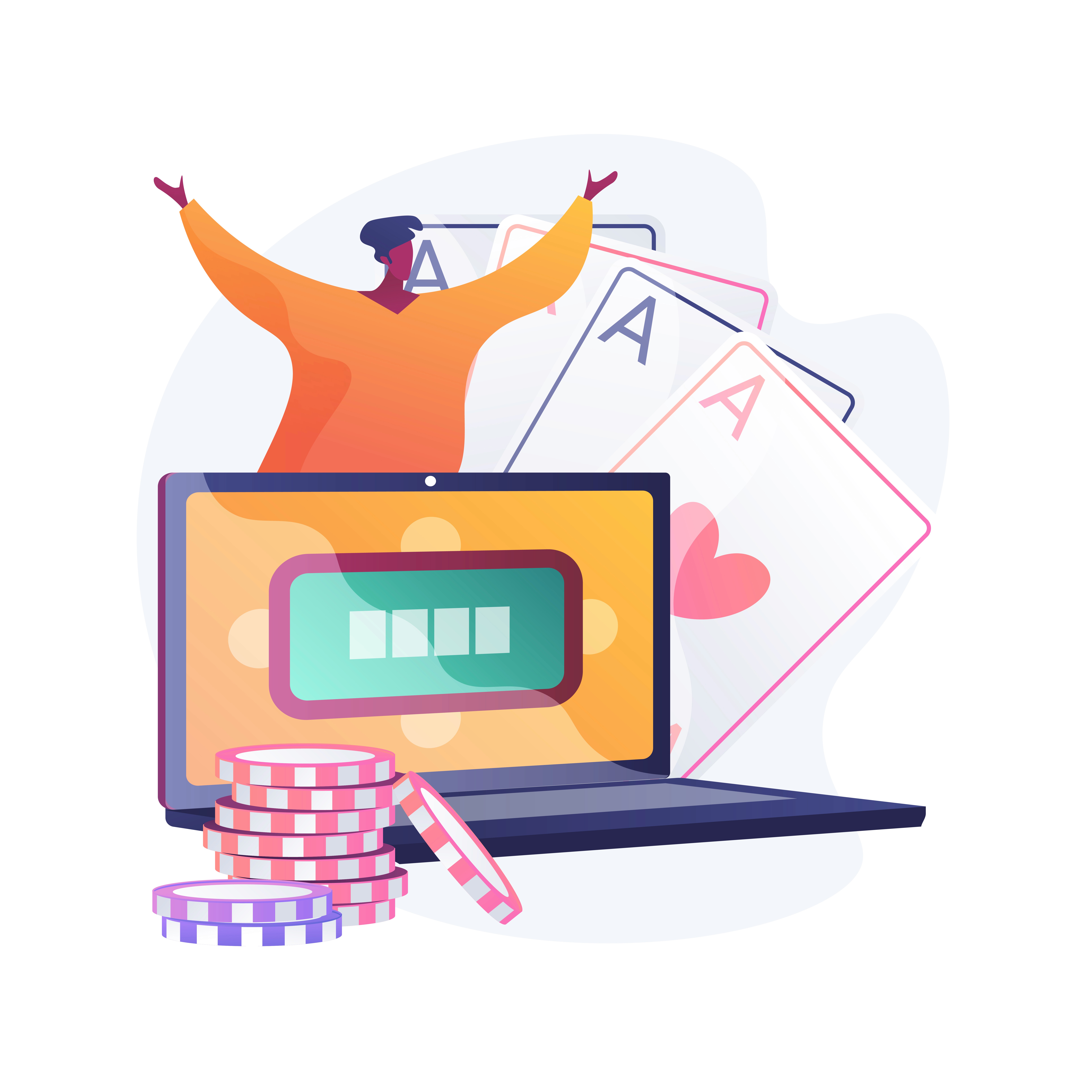 Person winning an online poker illustration with poker chips near the laptop