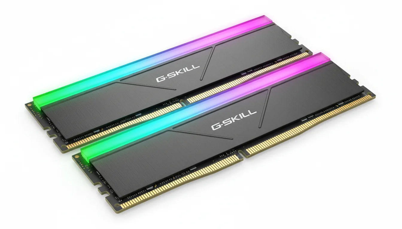 Studio product photography of two G.Skill Trident Z RGB computer RAM sticks, angled diagonally on a stark white background. The hardware has black, brushed metal heat spreaders and visible gold contact pins. The top of each stick features a glowing RGB light bar with a smooth color gradient, one from green to cyan and the other from cyan to magenta. Soft studio lighting creates crisp, clean highlights and ensures the entire product is in sharp focus.